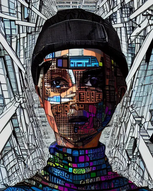 Image similar to cypherpunk fashion illustration, camera face, city street background with high tall buildings, abstract portrait highly detailed, finely detailed