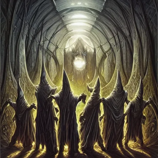 Image similar to a dark cabal of hooded elven mystics in long robes gathered in a circular formation around a highly advanced quantum computer processing the spirits of the dead, dan seagrave art, michael whelan