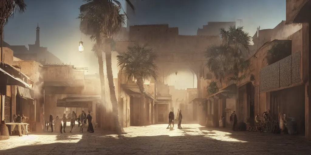 Image similar to Marrakech , beautiful dynamic lighting, cinematic, wide angle establishing shot, extremely high detail, photo realistic, cinematic lighting, post processed, concept art, artstation, matte painting, style by eddie mendoza, raphael lacoste, alex ross, volumetric lighting, light rays, photorealistic, ultrarealistic, moody, coronarender, 8k