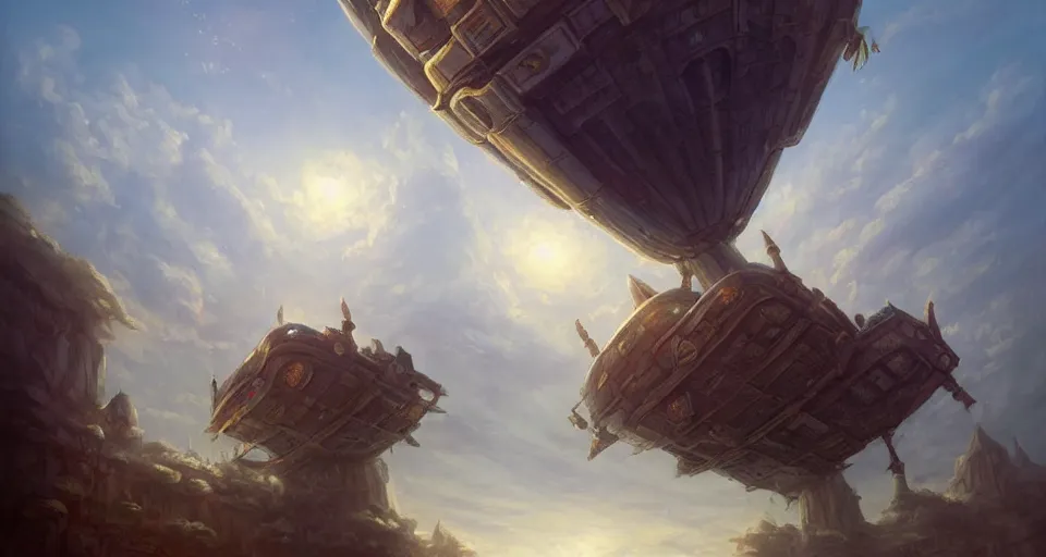Image similar to landscape an ancient floating fantasy city in the sky and an singular fantasy airship flying towards it andreas rocha