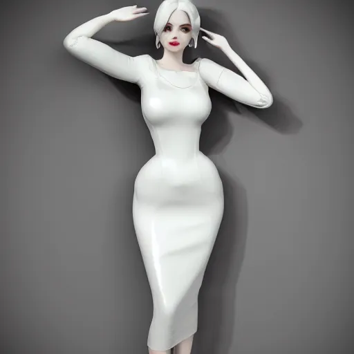 Prompt: an elegant curvy feminine pale goth cutie wearing an elaborate tight latex-nylon-leather white tube gown, thin waist, tube-top dress, cgsociety, photorealistic, sublime comforting ambience, 16k, smooth, sharp focus, trending on ArtStation, volumetric lighting, worksafe