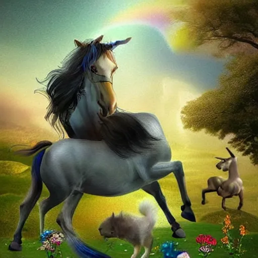 Image similar to dream : a fabulous landscape, a magical unicorn. a boy is sitting astride him. a cat is lying