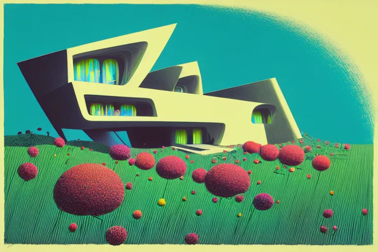 Image similar to surreal glimpse into other universe, house by zaha hadid, summer morning, very coherent and colorful high contrast, art by!!!! gediminas pranckevicius!!!!, geof darrow, floralpunk screen printing woodblock, dark shadows, hard lighting, stipple brush technique,