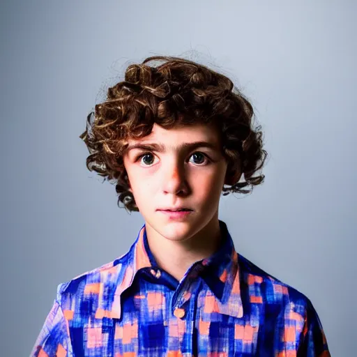 Prompt: Portrait of 15 year old caucasian boy with slightly curly brown hair with blue eyes, wearing a blue button up shirt with orange plants on it, dramatic lighting