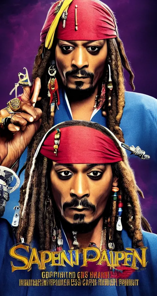 Image similar to Snoop Dogg as a Captain Jack Sparrow, movie poster, 8k, ultra detailed