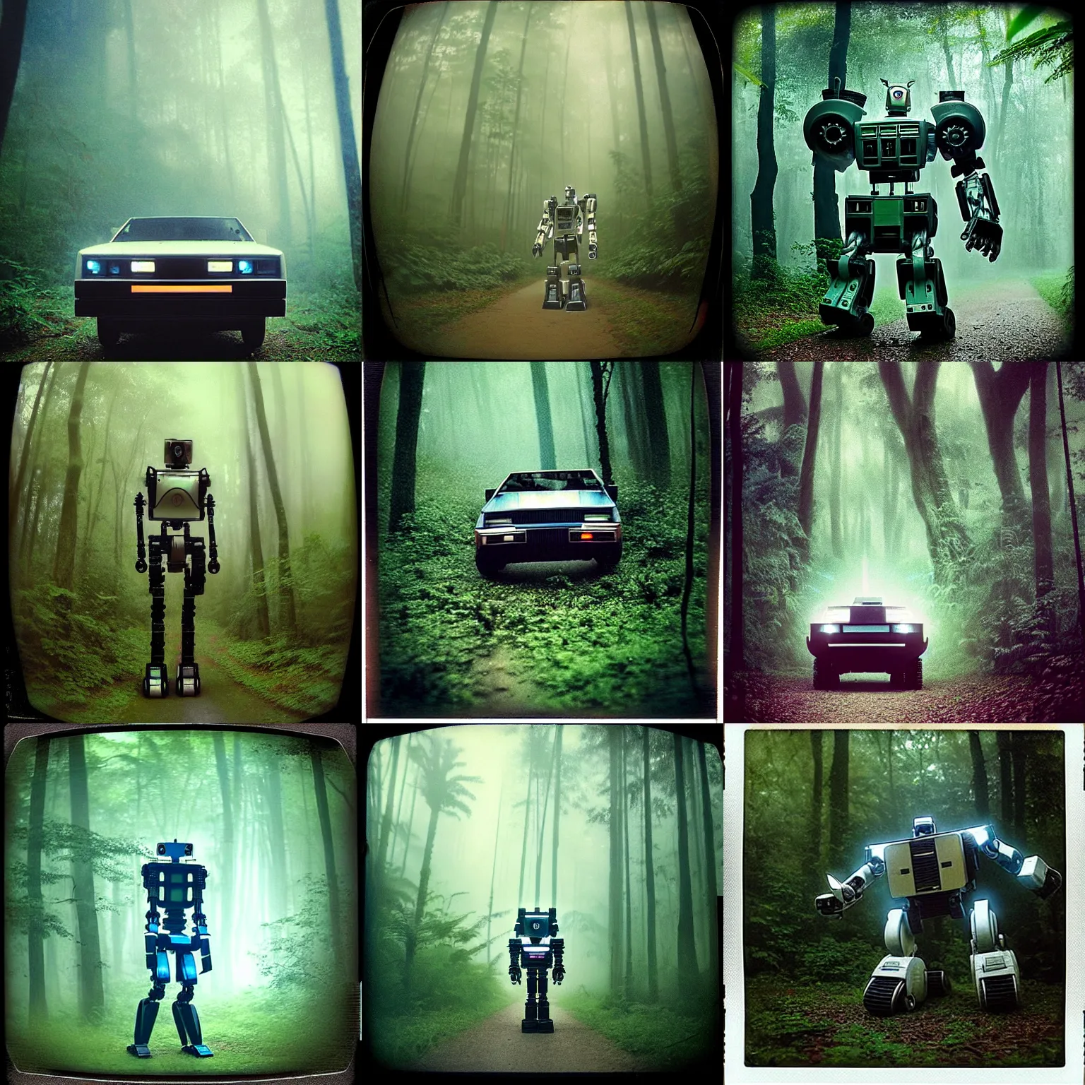 Prompt: trans - formers!!, robocar deloreanrobot mech, fog, in deep fairy jungle forest jungle, overcast! cinematic focus, old damagaed polaroid photo, vintage, neutral colors, faded!! very soft lights, big overcast, very foggy, full shot by steve hanks, by serov valentin, by lisa yuskavage, by andrei tarkovsky