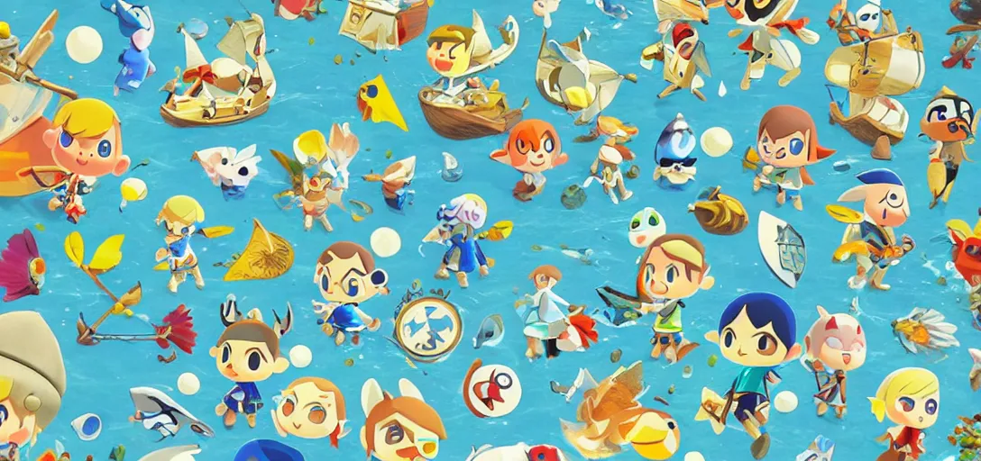 Prompt: pattern of water, wind waker, animal crossing, summer