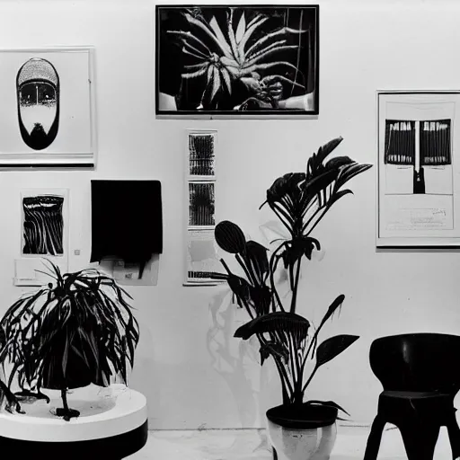 Image similar to A black and white photography in serigraphy of an exhibition space with works of Sun Ra, Marcel Duchamp and tropical plants, 60s, Modern Art