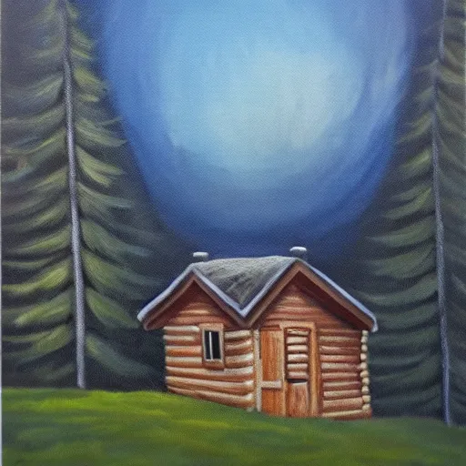 Image similar to painting of an angry old man in front of a cabin in the forest