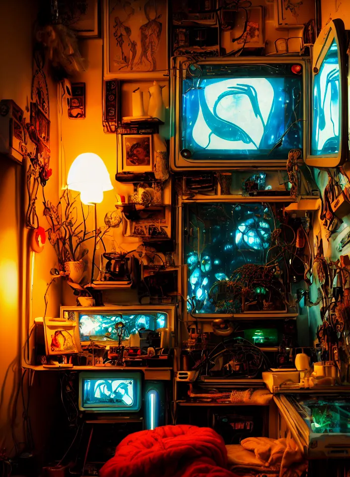 Image similar to telephoto 7 0 mm f / 2. 8 iso 2 0 0 photograph depicting the feeling of chrysalism in a cosy cluttered french sci - fi ( ( art nouveau ) ) cyberpunk apartment in a dreamstate art cinema style. ( ( computer screens, sink ( ( ( fish tank ) ) ) ) ), ambient light.