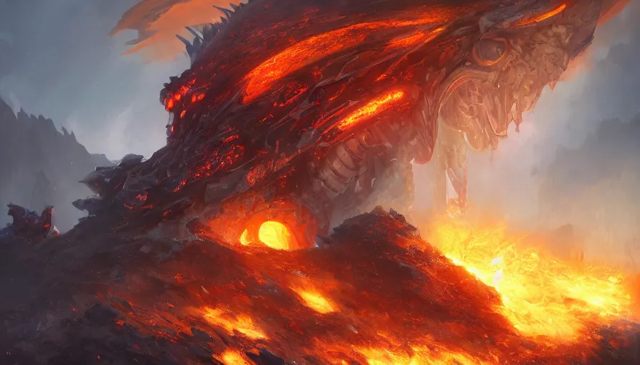 Image similar to a beautiful digital fantasy concept art of a giant electric cyborg dragon sitting on a molten rock, concept art by tyler edlin, james gurney, highly detailed, oil on canvas