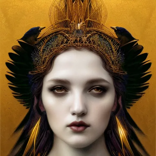 Image similar to young goddess of crows, unusual sublime beauty, emotionally evoking symbolic metaphors, head in focus, fantasy, ornamental, intricate, elegant, sensual, highly detailed digital painting, artstation, concept art, painterly, golden ratio, sharp focus, illustration, art by John Collier and Krenz Cushart and Artem Demura and and Greg Rutkowski and Alphonse Mucha and Albert Aublet