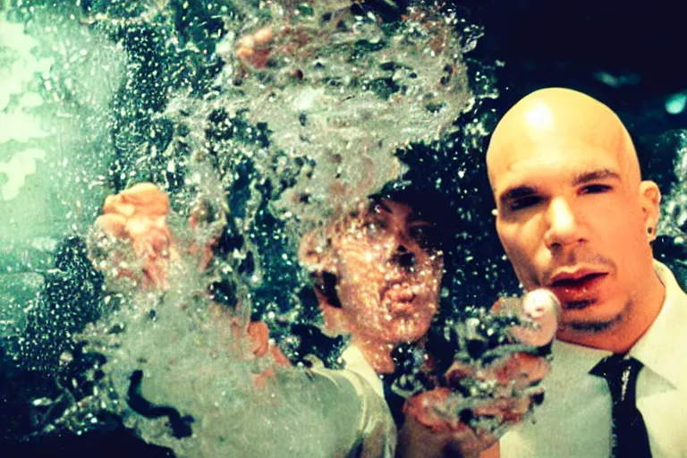 Prompt: pitbull taking a selfie with a fan while trapped in a pinball machine, submerged in goo, in 1 9 8 5, y 2 k cybercore, industrial low - light photography, still from a kiyoshi kurosawa movie