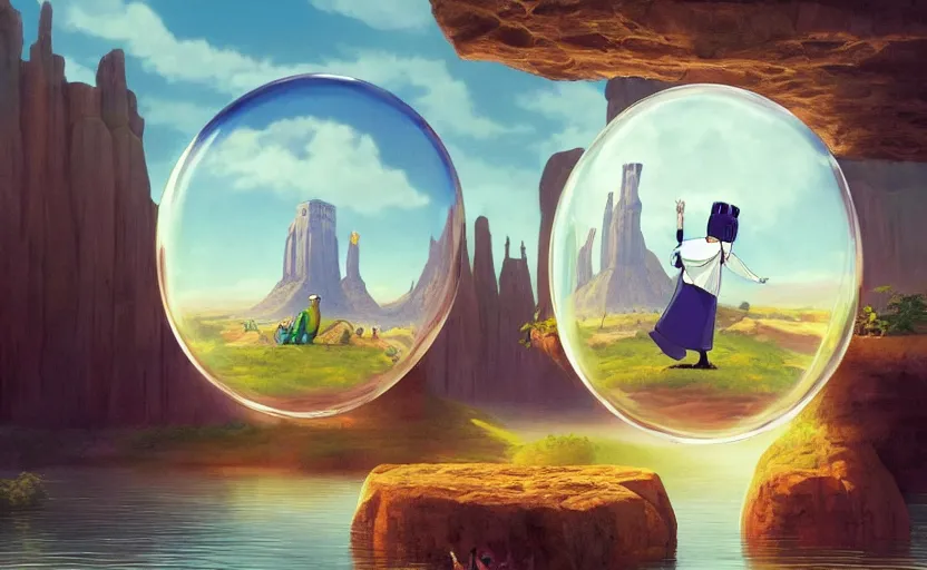 Prompt: a scary hyperrealist painting of a guru in a giant transparent bubble from howl's moving castle ( 2 0 0 4 ) in a flooded monument valley stonehenge jungle. depth perception, 4 k, artstation, in the style of studio ghibli