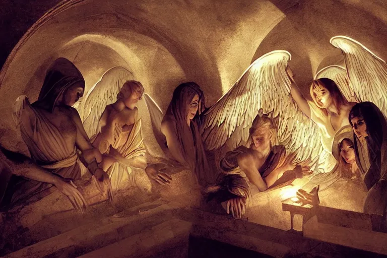 Image similar to inside a tomb, dark scene, light coming in from the left, 3 women in colored robes, 2 angels with feathered wings | medium close | fibonacci composition, by artgerm, greg rutkowski, craig mullins, caravaggio