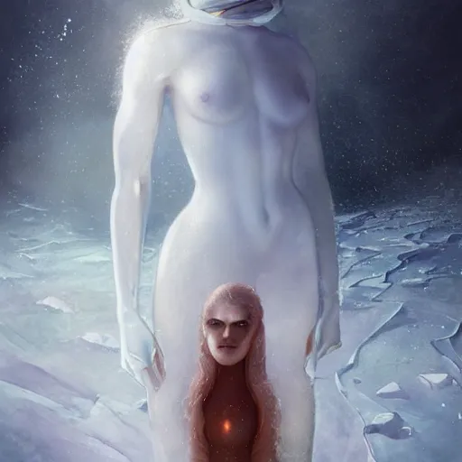 Image similar to a hyperrealistic illustration of a human in the Arctic, white long clothes, snow on the body, blue transparent ice with fractal sunlight, award-winning, masterpiece, in the style of Tom Bagshaw, Cedric Peyravernay, Peter Mohrbacher