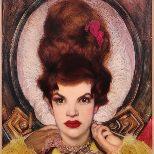 Image similar to portrait of a hybrid of judy garland and lady gaga with marfan syndrome, downward slanting eyes, with a brown fringe, holman hunt, john william waterhouse, kilian eng, rosetti, john everett millais, william holman hunt, 4 k