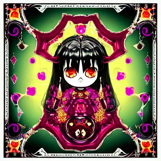Prompt: baroque bedazzled gothic royalty frames surrounding a pixelsort emo demonic horrorcore japanese yokai doll, low quality sharpened graphics, remastered chromatic aberration spiked korean bloodmoon sigil stars draincore, gothic demon hellfire hexed witchcore aesthetic, dark vhs gothic hearts, neon glyphs spiked with red maroon glitter breakcore art by guro manga artist Shintaro Kago