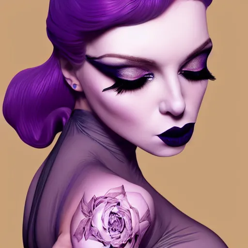 Prompt: portrait of a curvy feminine hot pale goth woman with elaborate, elegant, sophisticated, tight nylon, lace and silk dress, black lipstick, purple makeup, cgsociety, realistic, highly detailed, sublime, 16k, smooth, sharp focus, trending on ArtStation, hyperdetailed, volumetric lighting