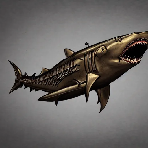 Image similar to a steampunk robotic shark, dark background, super - detailed, photo - realistic,