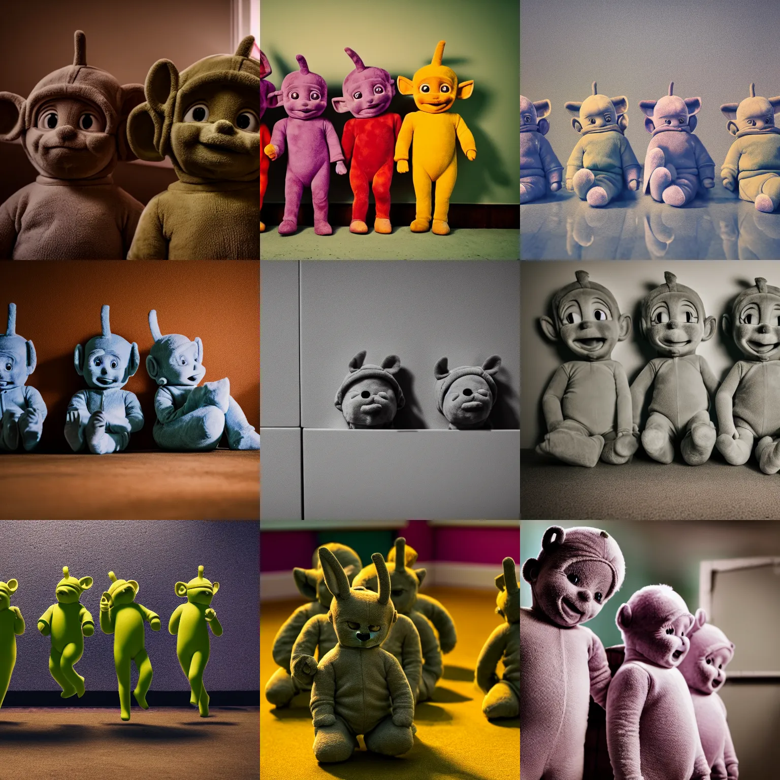 Prompt: ultra realistic worn out teletubbies in the backrooms, low key, 8 k, bokeh
