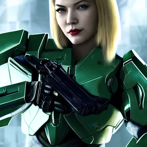 Image similar to A combination of Ada Wong's and Grace Kelly's and Katheryn Winnick's appearances with blonde hair wearing Master Chief's armor from Halo, high tech, action shot, angular, full body portrait, futuristic, dramatic, fantasy, intricate, elegant, highly detailed, digital painting, artstation, concept art, matte, sharp focus, illustration, 8K, art by Donato Giancola and James Gurney