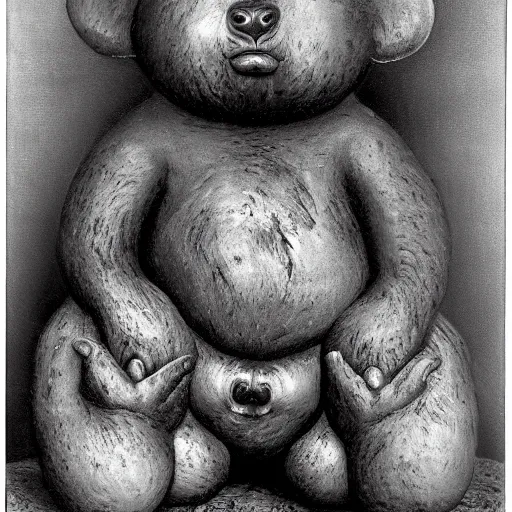 Prompt: a portrait of a teddy bear as venus of willendorf fertility statue, body horror, by gerard brom, zdzisław beksinski and ansel adams