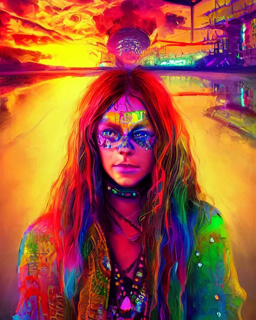 Image similar to colorful detailed portrait of a hippie, set in the future 2 1 5 0 | highly detailed face | very intricate | symmetrical | professional model | cinematic lighting | award - winning | painted by mandy jurgens | pan futurism, dystopian, bold colors, cyberpunk, groovy vibe, anime aesthestic | featured on artstation
