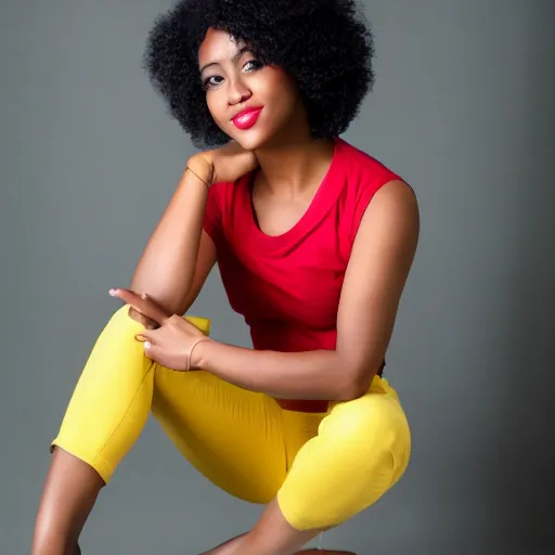 Prompt: Studio portrait of fashionable female professional dancer, dark skin, short curly hair, yellow pants, red top, expressive posture