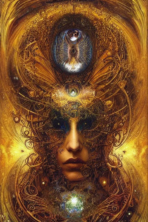 Image similar to Divine Chaos Engine by Karol Bak, Jean Deville, Gustav Klimt, and Vincent Van Gogh, beautiful visionary mystical portrait, sacred, otherworldly, fractal structures, ornate gilded medieval icon, third eye, spirals