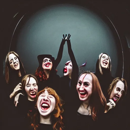 Image similar to a coven of witches, laughing and eagerly making fun of the camera!!!!!, fisheye!!!!! lens photography, lens distortion, chromatic aberration!!!!!, cgsociety contest winner, best on artstation, photorealistic photography, grim lighting, foreboding atmosphere, dark, nighttime, 4 k, 8 k