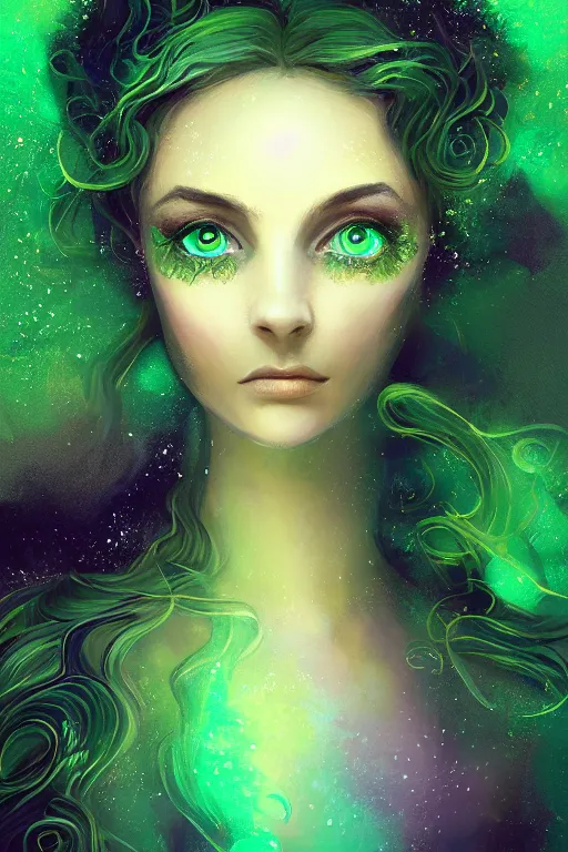 Image similar to a magic the gattering portrait illustration of a woman , fantasy, gradient black green gold, dreamy and ethereal, green eyes, golden ratio, peaceful expression, ornate frilly dress, fantasy, intricate, elegant, ghost, etearal, highly detailed, digital painting, artstation, concept art, smooth,b sharp focus, illustration, art by scott fisher AND artbreeder