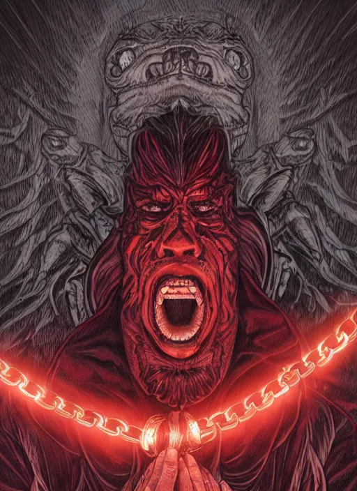 Image similar to lucifer, dark angel, hybrid human with snake, red eyes, chain, handcuffs, large chain, wide open mouth, scream, cruelty, sea bottom, light effect, highly detailed, artstation, concept art, matte, sharp focus, illustration, by dan mumford, yusuke murata, makoto shinkai, ross tran