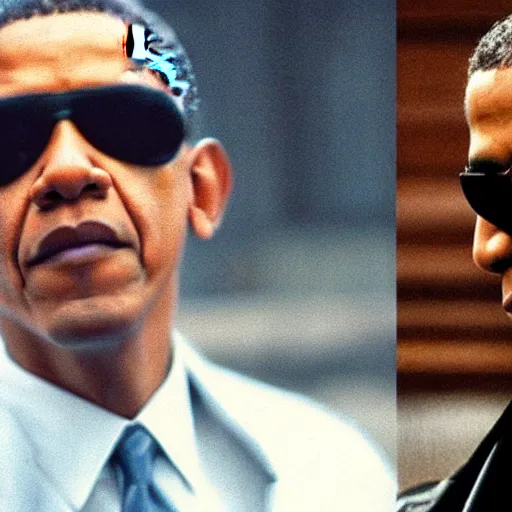 Prompt: film still of obama as Neo in the matrix