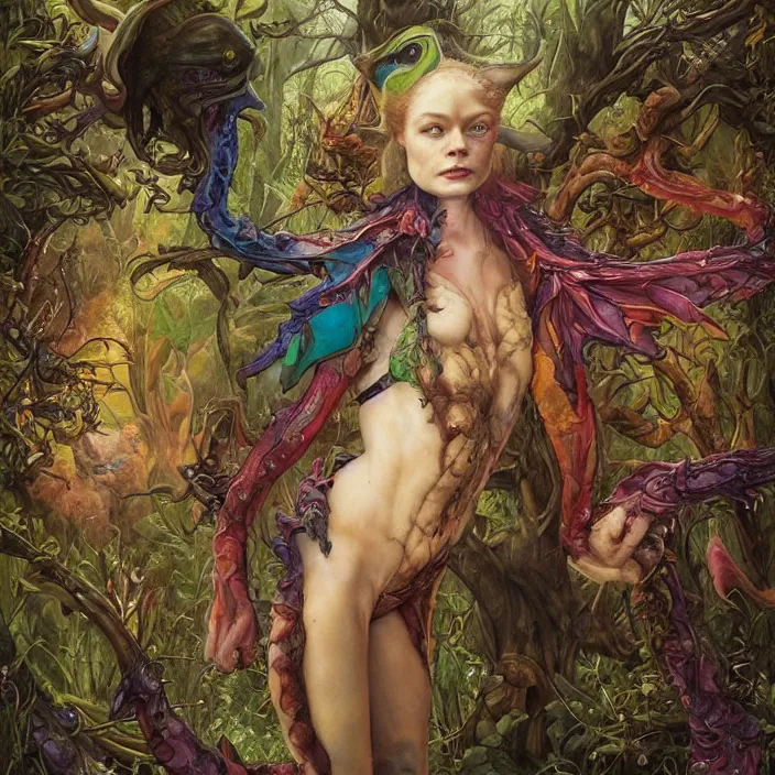 Image similar to a portrait photograph of sadie sink as a brightly colored elf reptile hybrid with wet mutated skin. wearing a catsuit many body modifications. by tom bagshaw, donato giancola, hans holbein, walton ford, gaston bussiere, brian froud, peter mohrbacher and magali villeneuve. 8 k, cgsociety