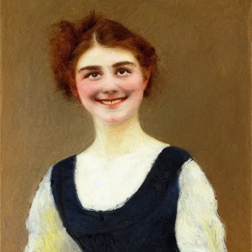 Image similar to representation of a young woman with a happy face in the year 1885 by Albert Dubois-Pillet, a French Neo-impressionist painter