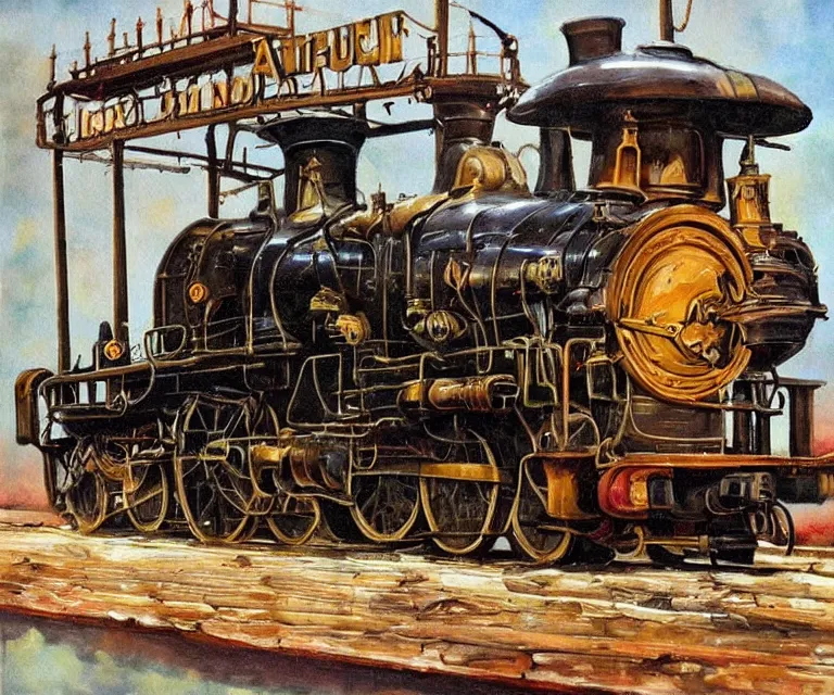 Image similar to steampunk train, 1 9 2 0 s, wet painting