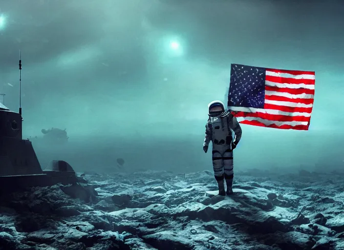 Image similar to astronaut holding a flag in an underwater desert. a submarine is visible in the distance. dark, concept art, cinematic, dramatic, atmospheric, 8 k, trending on artstation, blue, fish, low visibility, fog, ocean floor, christopher nolan, interstellar