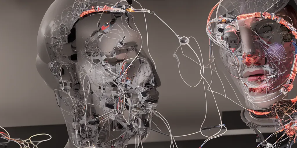 Image similar to a face transplant in a jar in an operating room with robotic surgeons with a lot of wires , photorealistic,by Wlop,4k resolution