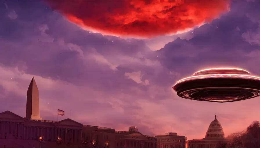 Image similar to gigantic ufo upon washington dc, sky on fire, hyperdetailed, artstation, cgsociety, 8 k