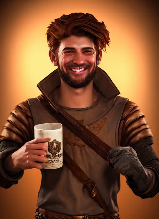 Image similar to An epic fantasy comic book style portrait painting of a handsome young man with brown wavey hair, wearing thief clothing in a tavern and smiling with a wooden tankard in hand, unreal 5, DAZ, hyperrealistic, octane render, cosplay, RPG portrait, dynamic lighting