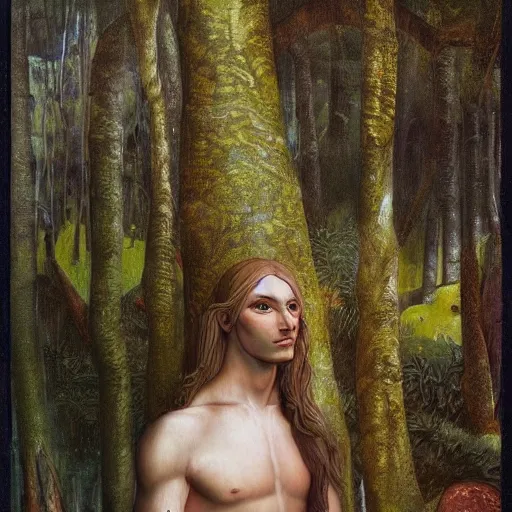 Prompt: Portrait of an elven king in a lush forest. Oil painting in the style of Botticelli. Fantasy art. 4k.