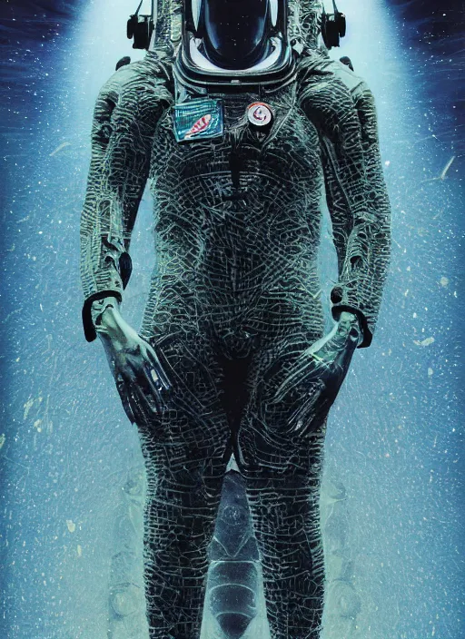 Image similar to astronaut in dark void underwater - complex and hyperdetailed technical suit design. reflection and dispersion materials. rays and dispersion of light. volumetric light. f / 3 2. noise film photo. flash photography. ultra realistic, 5 0 mm. poster by wayne barlowe, hajime sorayama aaron horkey, craig mullins