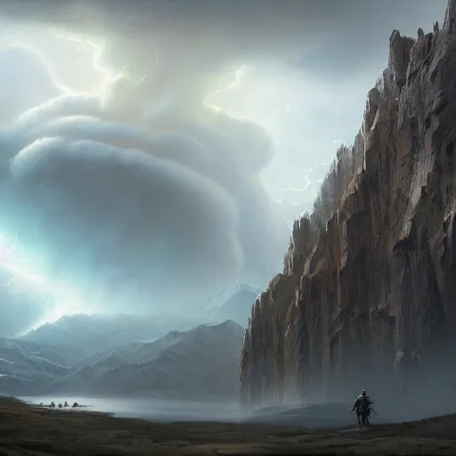 Prompt: a beautiful stunning insanely detailed complex matte painting of a robot wanderer looking at a tornado in the distance, cinematic lighting, mountains, epic scale, vast, by Greg Rutkowski, artstation