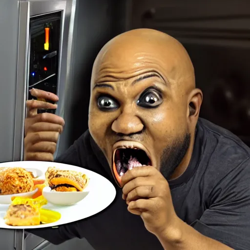 Image similar to a bald black man screaming while putting a screaming chucky doll in the oven, restaurant security cam footage, high definition