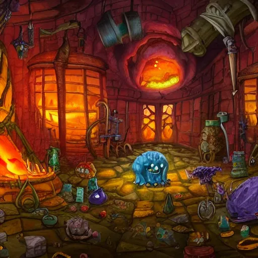 Image similar to these monsters are consumed by fire, yet they remain unharmed. they are surrounded by the tools of the alchemist's trade - beakers and test tubes full of colorful liquids, crystals, and books of ancient knowledge. the scene is suffused with an eerie glow, as if something magical is happening here. by johfra