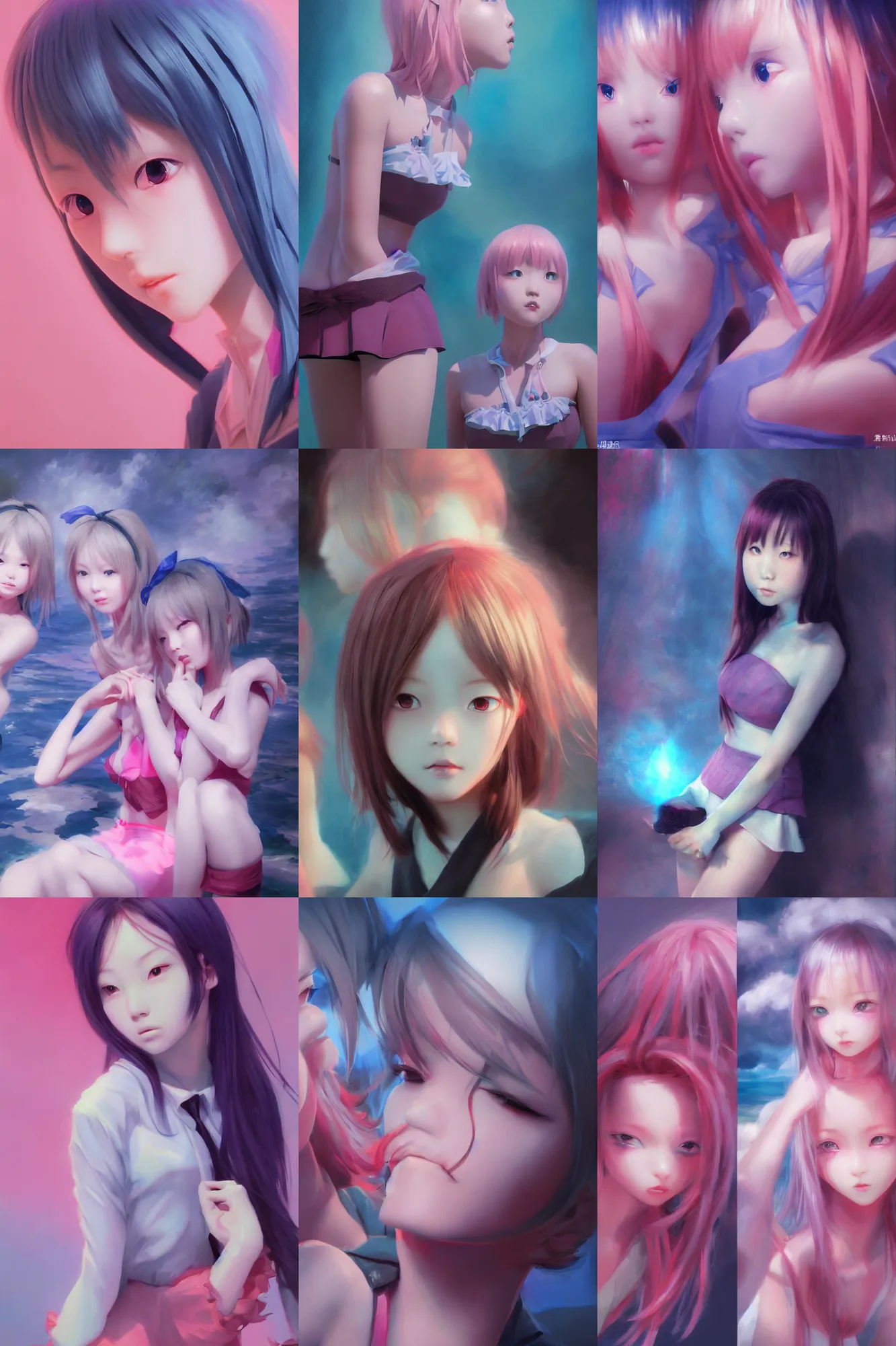 Image similar to 3d dark infrared octane render concept art by D. Jun, by Mo Xiang Tong Xiu, by Igarashi Daisuke, beauty portrait anime schoolgirls under dark pink and blue water. cute face. dramatic light, trending on artstation, oil painting.