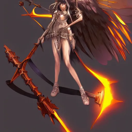 Prompt: epic anime concept art. Seraphim angel girl holding a giant holy halberd, wearing shining armor at sunrise. ArtStation, Pixiv