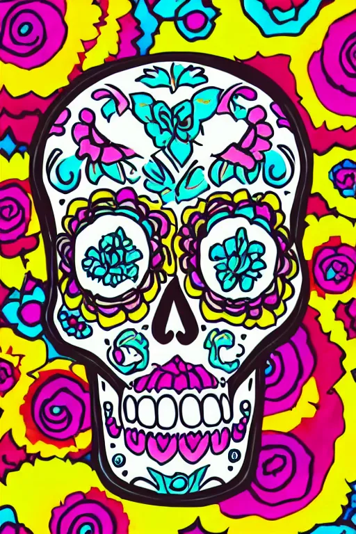 Prompt: illustration of a sugar skull day of the dead girl, art by meow wolf