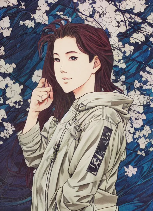 Prompt: a copic maker realistic manga portrait by yoshiyuki sadamoto and lois van baarle and alphonse mucha of a japanese girl highly features wearing streetwear anorak and a pilot suit lots of zippers, pockets, synthetic materials, by issey miyake and balenciaga 8 k